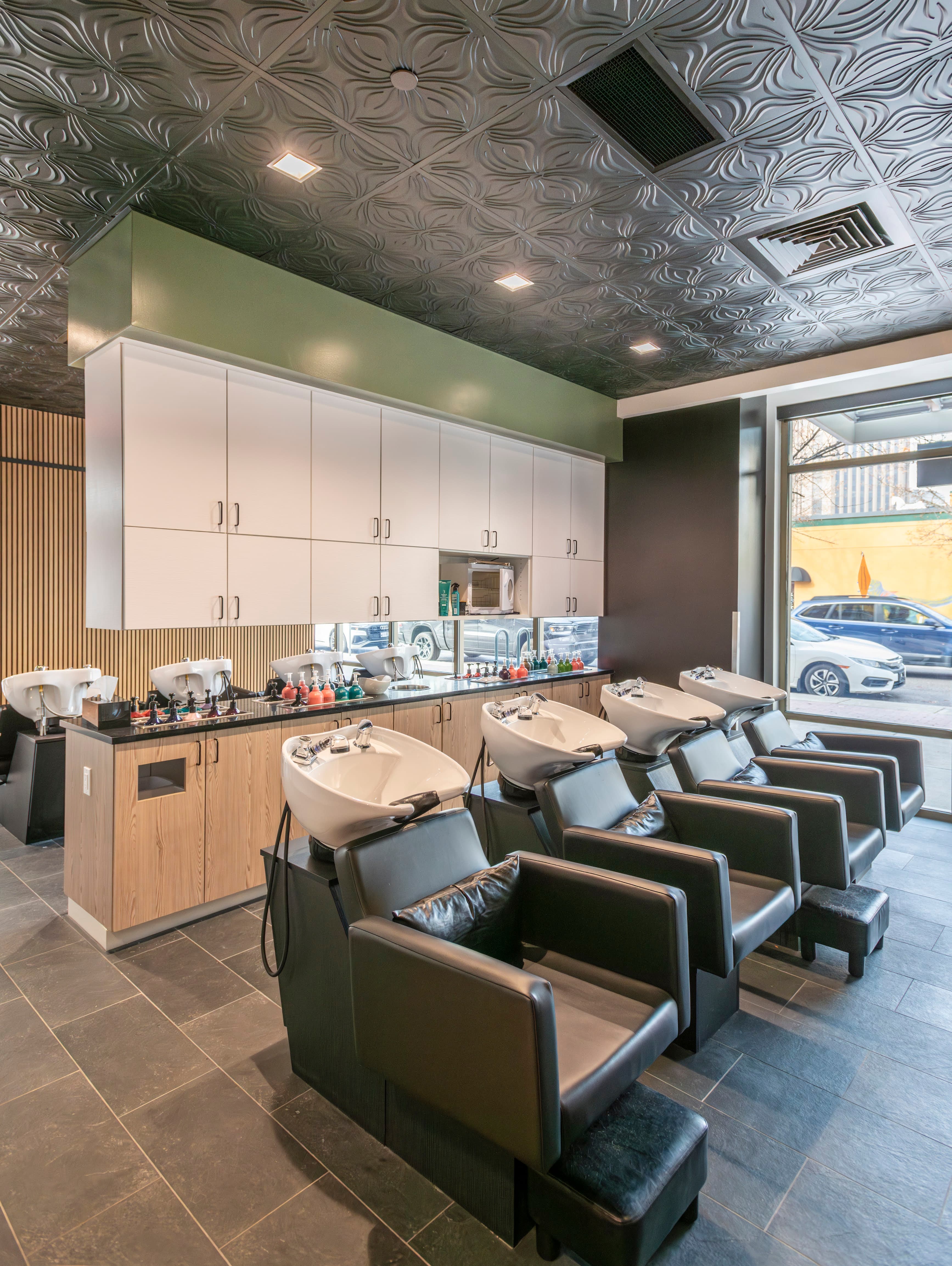 Styling station with modern design elements and lighting