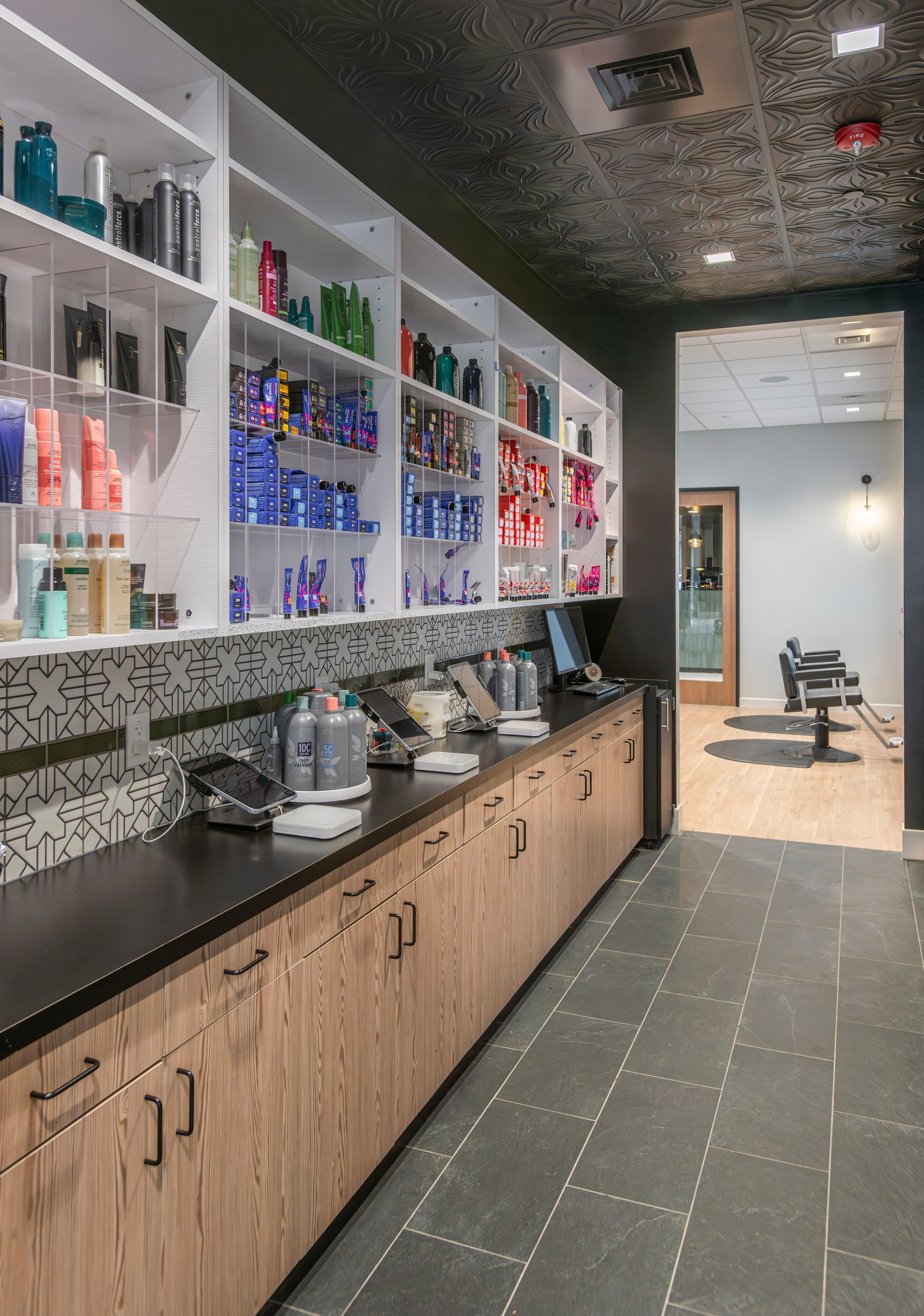 Graeber Salon interior with seamless acoustical ceiling and lighting integration Boise Idaho