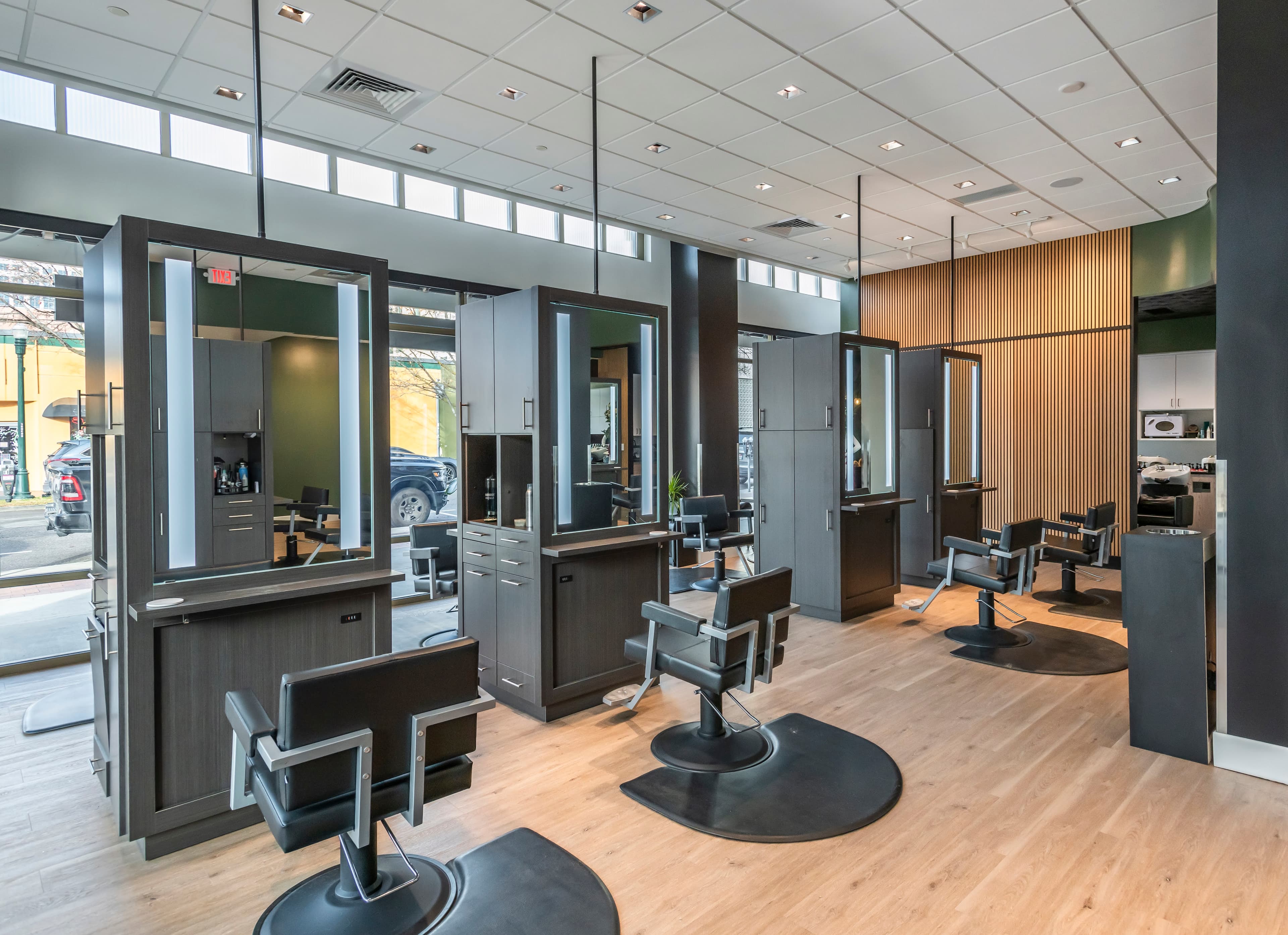 Elegant curved walls showcasing Division 9 custom framing work in Graeber Salon Boise