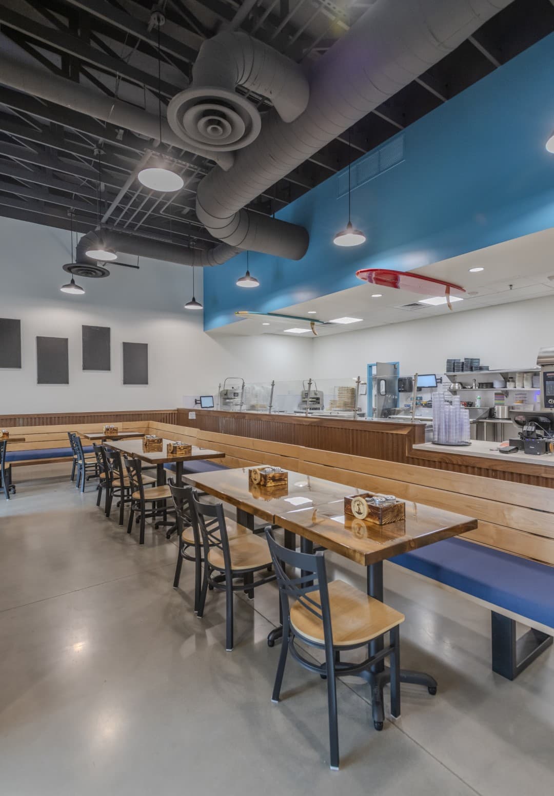 Beach-themed interior design at Longboards Beach Fired Pizza Nampa Idaho